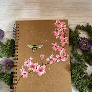 A5 spiral bound hand painted cherry blossom bee notebook/ journal 100 blank pages personalised