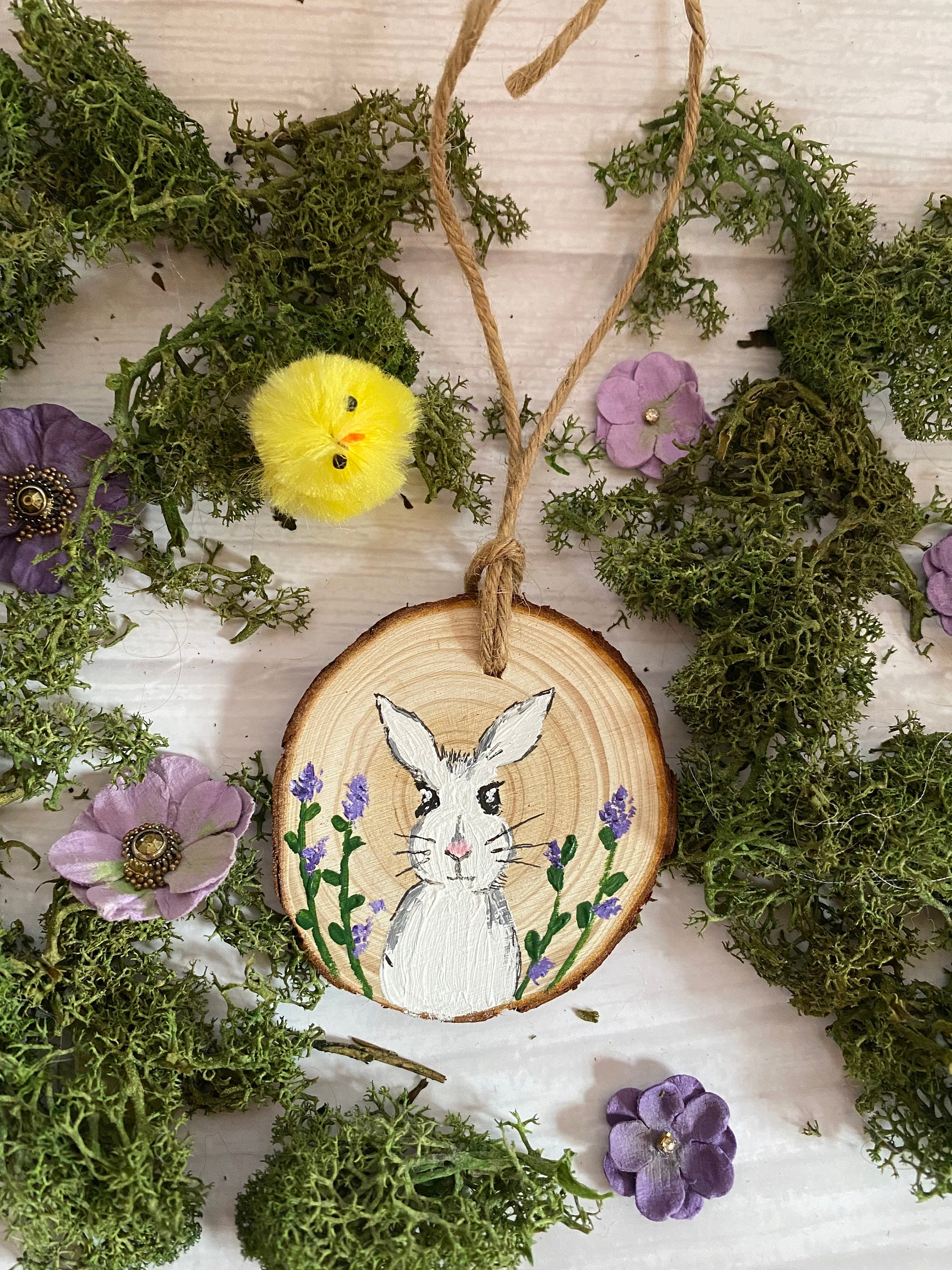Hand painted white rabbit wooden Easter decoration Etsy
