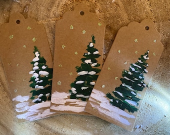 Snowy Christmas trees hand painted Christmas tags set if 3 or 5