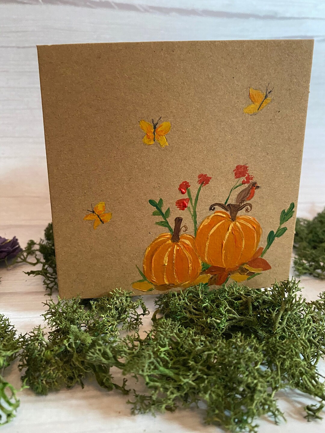 Hand Painted Autumn Fall Pumpkin and Bird Card - Etsy