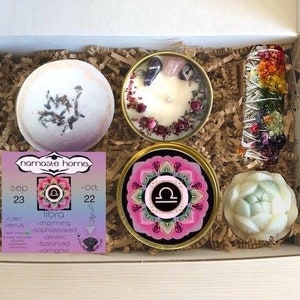 Libra Aromatherapy Gift Set: Soy Candle, Bath Bomb, Floral Sage, Goatsmilk Soap