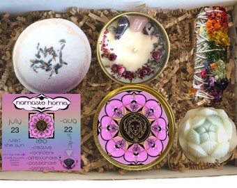 Leo Gift Set, Spa Day Bundle, Birthday Gift, for Mother, Daughter, Friend, Christmas, Gift Set w/ Bath Bomb, Soap, Candle + Sage Smudge