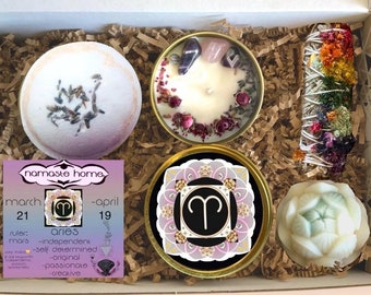 Aries Gift Set, Spa Bundle, Birthday, Compliment the Energies of Aries, Bath Bomb, Lotion, Handmade Bar Soap, Herbal Crystal Candle