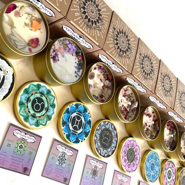 WHOLESALE 12 Pack of Zodiac Candles, Bulk Order, Crystal Candles, Adorned w/ Herbs, Flowers, Gemstones + Crystals