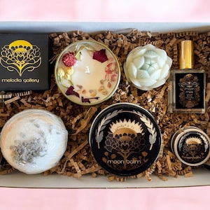 Moon Box Gift Set, 6 or 7 Piece  Customizable Aromatherapy Set, Gift, Spa Bundle, Candle, Lotion, Soap, Lip Balm, Bath Bomb, Perfume, Ring