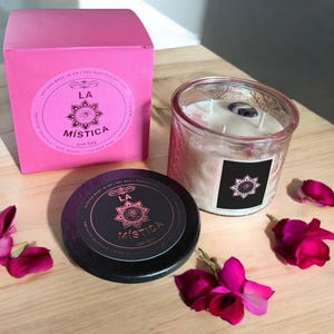 La Mistica Crystal Candle feat. Chevron Amethyst, Rose Quartz, Rose, Lavender, Rosewater + Birch Aromatherpy Blend, Sacred Light Collection