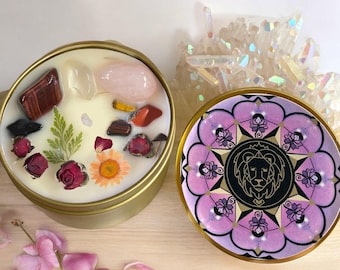 Leo Zodiac Candle: Crystal & Rose Adorned, Aromatherapy Scent