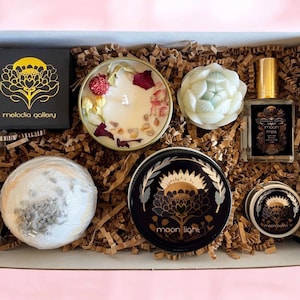 Moon Box Gift Set, 5 or 6 Piece  Customizable Aromatherapy Set, Gift, Spa Bundle, Candle, Soap, Lip Balm, Bath Bomb, Perfume, Ring