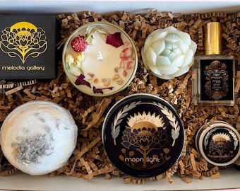 Moon Box Gift Set, 5 or 6 Piece  Customizable Aromatherapy Set, Gift, Spa Bundle, Candle, Soap, Lip Balm, Bath Bomb, Perfume, Ring