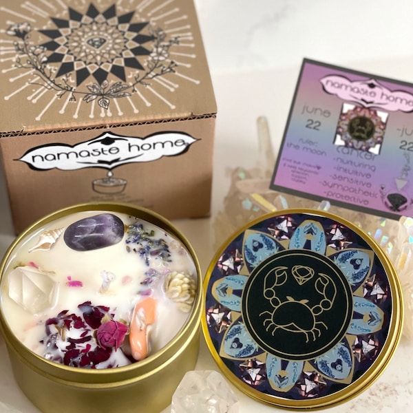 Vela do Zodíaco Câncer: Lavanda, Rosa e Cristais
