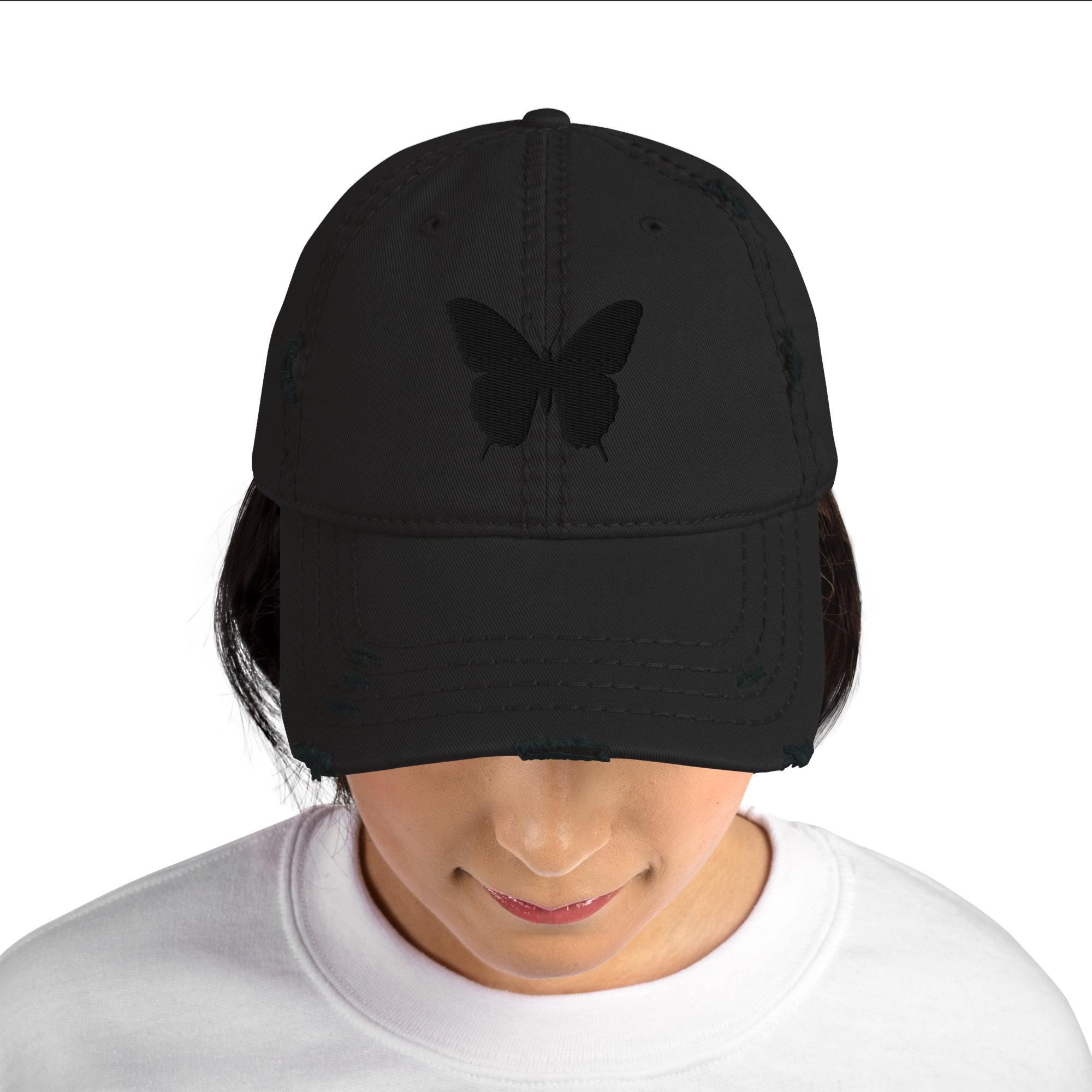 Black Butterfly Embroidered Distressed Dad Hat, Summer Hat, Sun Hat, Baseball Cap