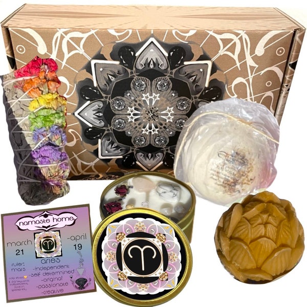 Aries Gift Set, Spa Bundle, Birthday, Compliment the Energies of Aries, Bath Bomb, Lotion, Handmade Bar Soap, Herbal Crystal Candle