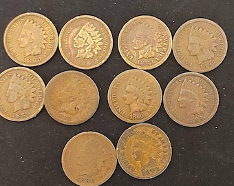10 1800s date indian head penny set, you get 10 pre-1900s indian head cent coins, us coin collecting hobby, gifts for him old money US made