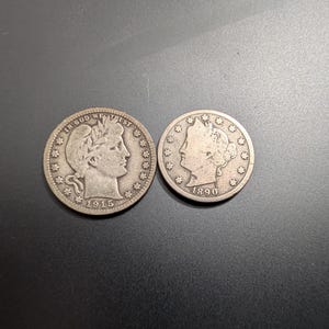 Nice 1915d quarter and 1890 rare liberty head nickel, two coins one price