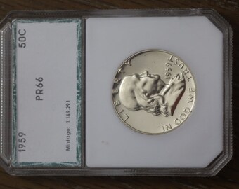 PCI GRADED 1959 proof franklin half dollar silver coin, 90 percent silver American coin