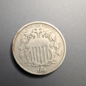 Rare 1868 Shield Nickel: Antique US Type Coin for Collectors, Historical Victorian Era Currency