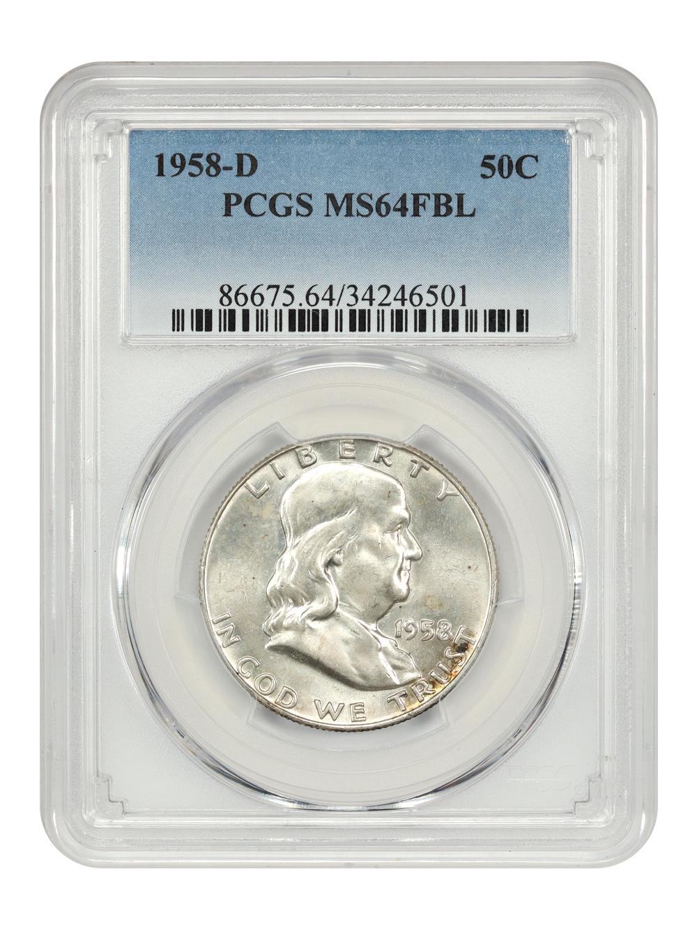 1958-D フランクリン ハーフダラー：NGC MS64FBL、90% シルバー