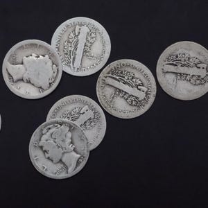 Tres monedas de diez centavos de plata de mercurio vintage de la década de 1920, varias fechas, 90 de plata, en buen estado, monedas antiguas de EE. UU.