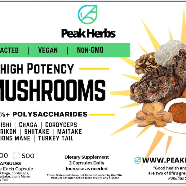 Ultimate 8 Mushroom Blend Capsules - Dual Extracted Lions Mane, Reishi, Cordyceps, Maitake, Shiitake, Agarikon, Turkey Tail - Peak Herbs