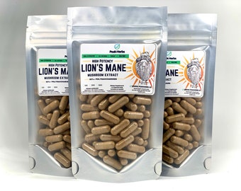 Organic Lion’s Mane Mushroom Extract Capsules - Dual Extract 20% Beta Glucans, Fruiting Body Only, No Fillers - Peak Herbs