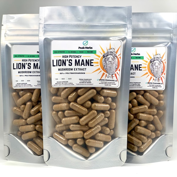 Organic Lion’s Mane Mushroom Extract Capsules - Dual Extract 20% Beta Glucans, Fruiting Body Only, No Fillers - Peak Herbs