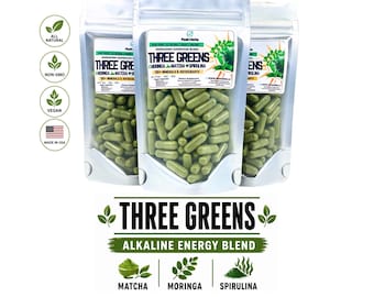 Three Greens Alkaline Energy Capsules:  Matcha Moringa Spirulina Superfood Blend by Peak Herbs