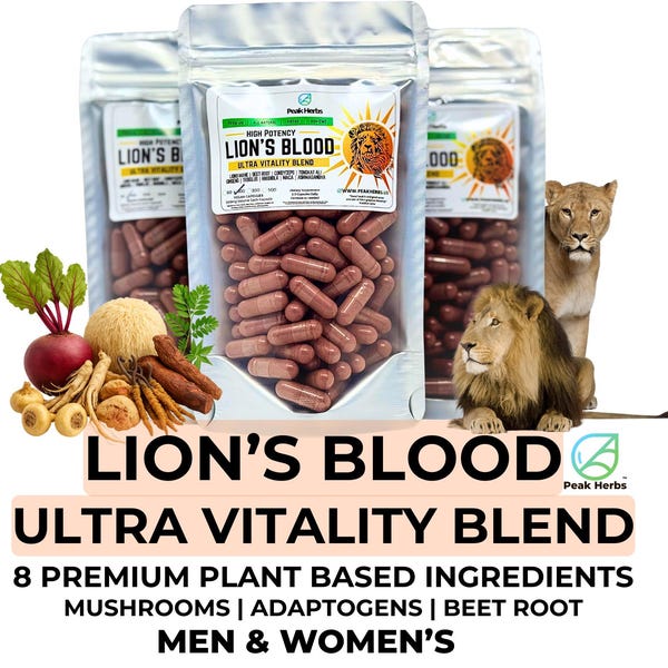 Lion's Blood Ultra Vitality Blend - Tongkat, Maca, Ginseng, Beet, Rhodiola, Tribulus, Cordyceps, Lion's Mane for Men & Women