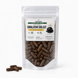 May include: A silver pouch of Peak Herbs Himalayan Shilajit 10:1 Resin Extract capsules. The label indicates 100 capsules and 50 servings. The capsules are brown and visible inside the pouch and scattered in front of it.