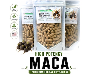 Gélules de racine de maca noire : 1500 mg haute puissance, supplément végétalien sans OGM, fabriqué à partir de produits frais