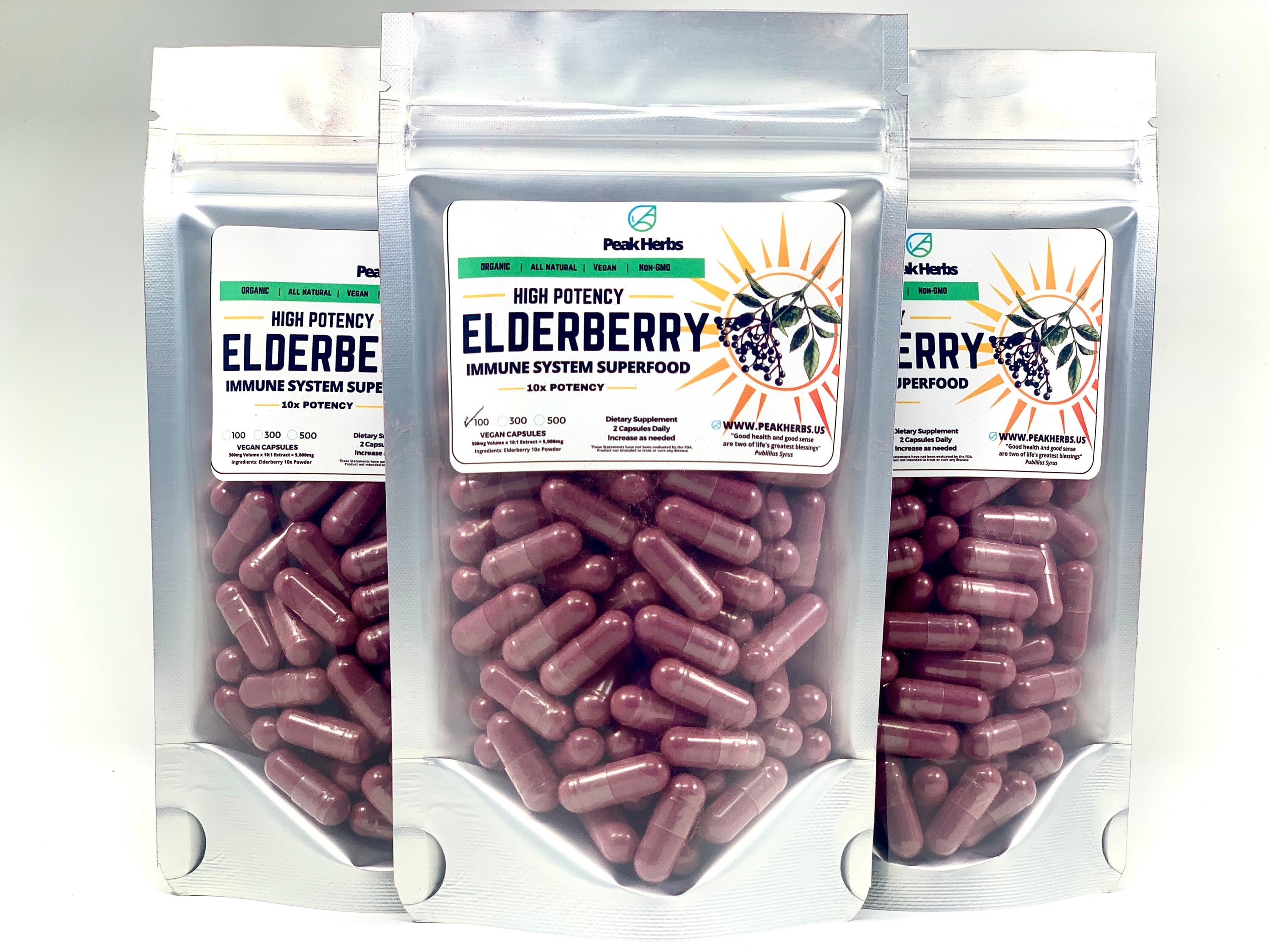 Organic Elderberry Capsules - Pure & Natural 10x Extract Capsules - 5000mg, No Fillers, No Dyes, No Flavors - Peak Herbs