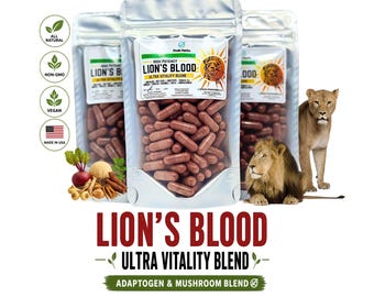 Lion's Blood Ultra Vitality Blend Capsules - Men & Women - Herbal Adaptogens, Mushrooms Health Wellness Capsules