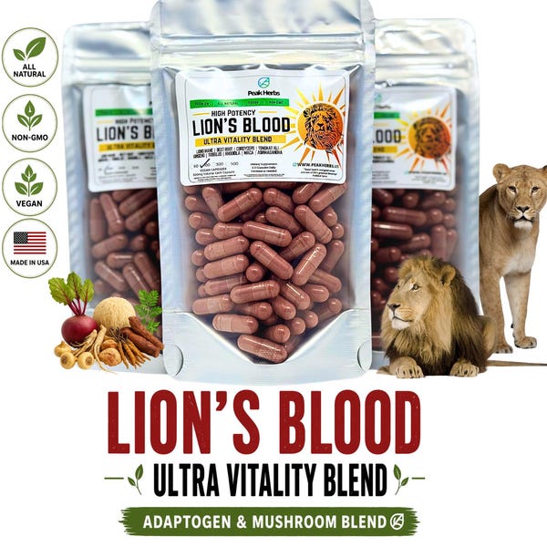 Cápsulas Lion's Blood Ultra Vitality Blend - Hombres y Mujeres - Adaptógenos herbales, Cápsulas para el bienestar y la salud a base de hongos