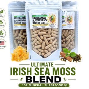 Ultimate Irish Sea Moss Blend Superfood Capsules: Burdock Root & Bladderwrack - Fresh Wildcrafted 102 Nutrients