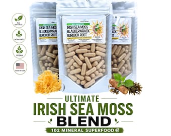 Ultimate Irish Sea Moss Blend Superfood Capsules: Burdock Root & Bladderwrack - Fresh Wildcrafted 102 Nutrients