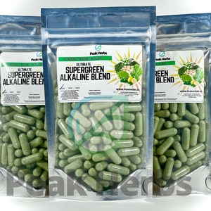 Ultimate Supergreen Alkaline Blend Capsules - Alfalfa, Barley, Wheatgrass, Kale, Chlorella, Spirulina, Lemon Juice, Astralagus - Peak Herbs