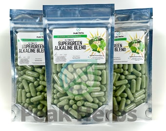 Cápsulas de mezcla alcalina Supergreen definitiva: alfalfa, cebada, pasto de trigo, col rizada, clorella, espirulina, jugo de limón, astrágalo - Peak Herbs