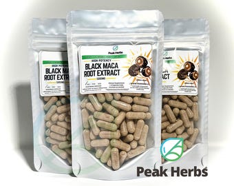 Organic Black Maca Capsules - Pure 10x Maca Extract, Strength, Energy, Recovery Support - All Natural, No Fillers- Peak Herbs