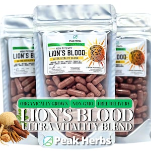 Lion&#39;s Blood Ultra Vitality Blend - Organically Grown Tongkat, Maca, Ginseng, Beet, Rhodiola, Tribulus, Cordyceps, Lion&#39;s Mane Peak Herbs
