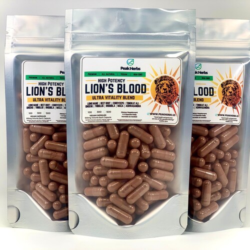 Lion's Blood Herbal Capsules - Strength Libido (Tongkat, Maca, Tribulus, Rhodiola, Beet Root, Lions Mane, Cordyceps, Ginseng) - Peak Herbs