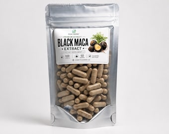 May include: A silver stand-up pouch containing light brown dietary supplement capsules. The label reads Peak Herbs Premium Extract Black Maca Extract, Dietary Supplement, 100 capsules, 50 servings, all natural no fillers, and www.peakherbs.us.