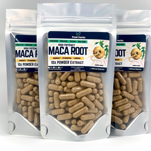 Organic Black Maca Capsules - 5000mg 10x Maca Extract Powder - All Natural, No Fillers- Peak Herbs