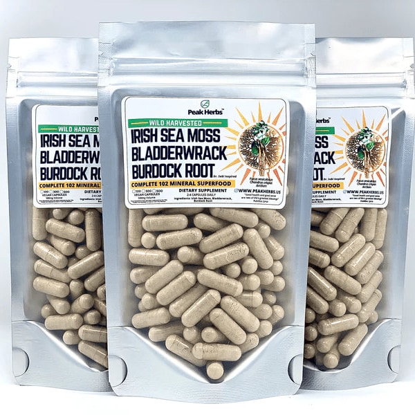 Ultimate Irish Sea Moss Blend, with Burdock & Bladderwrack Capsules - Complete 102 Nutrient Blend - Dr. Sebi Inspired - Peak Herbs