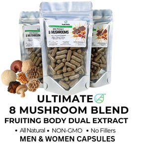 Ultimate 8 Mushroom Blend Capsules: High Potency 1500mg NON-GMO Vegan Herbal Supplement Made Fresh image 1