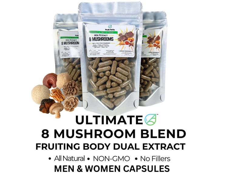 Ultimate 8 Mushroom Blend Capsules: High Potency 1500mg NON-GMO Vegan Herbal Supplement Made Fresh image 1