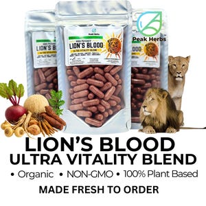 Lion&#39;s Blood Ultra Vitality Blend - Organic Tongkat, Maca, Ginseng, Beet, Rhodiola, Tribulus, Cordyceps, Lion&#39;s Mane Peak Herbs