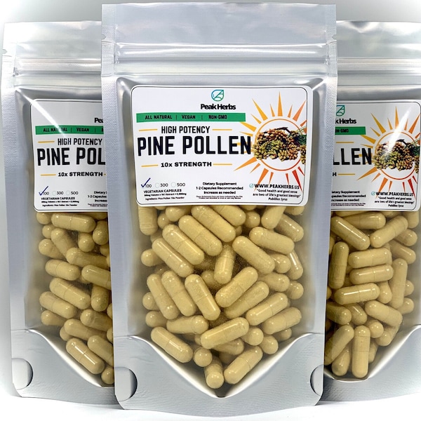 Pure Pine Pollen Capsules - 5000mg, 10x Extract, All Natural, Non-GMO, No Fillers, Vegetarian by Peak Herbs