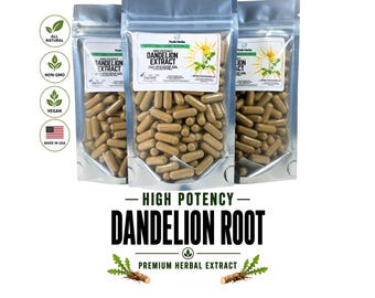 Cápsulas de extracto de diente de león: 1500 mg. Suplemento herbal de alta potencia, sin OMG, elaborado con ingredientes frescos.