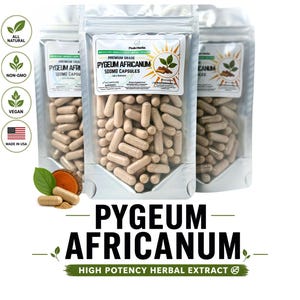 May include: Three clear pouches filled with beige capsules, labelled "PYGEUM AFRICANUM 500MG CAPSULES." The image includes text indicating the product is all-natural, non-GMO, vegan, and made in the USA. The text "HIGH POTENCY HERBAL EXTRACT" is also visible.