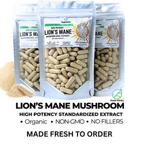 Organic Lion’s Mane Mushroom Extract Capsules - Fruiting Body Dual Extracted 20% Beta Glucans, 30 Polysacchides, NON-GMO - Peak Herbs