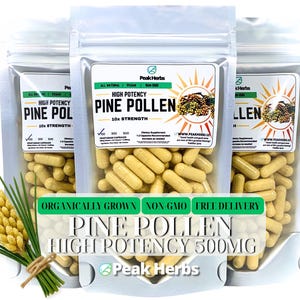 Organic Pine Pollen 500mg 10x Extract Capsules - Organically Grown, NON-GMO, No Fillers Vegan, Vegan Friendly By Peak Herbs